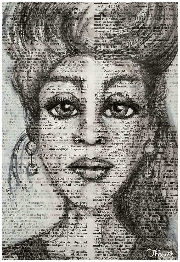 Graphite and charcoal face on dictionary page