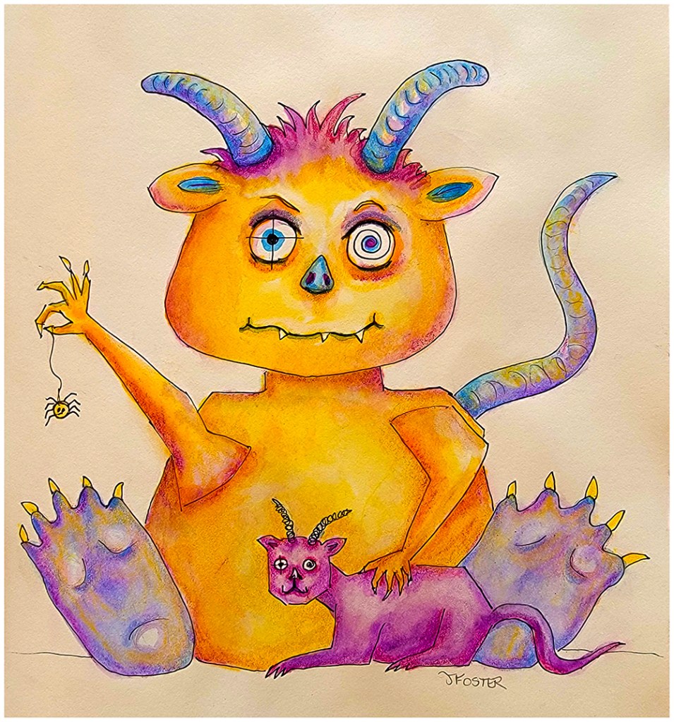 Watercolor and ink monster with pets