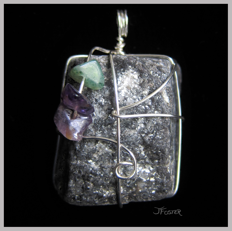 Wire wrapped ocean rock with semi-precious stones | Assemblage by Jackie Foster