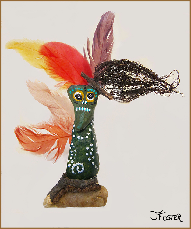 Whimsical statue | Painted rocks, twigs, seaweed, feathers | Assemblage by Jackie Foster
