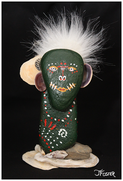 Whimsical statue | Painted rocks, twigs, seaweed, feathers | Assemblage by Jackie Foster