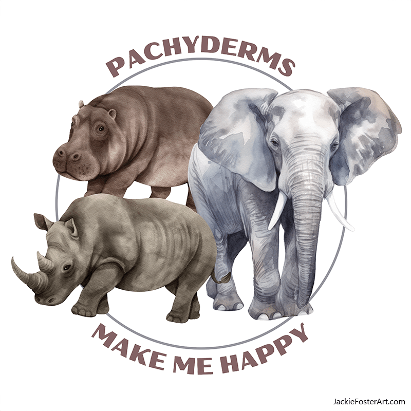 Pachyderms Make Me Happy print design with elephant, hippo, rhino