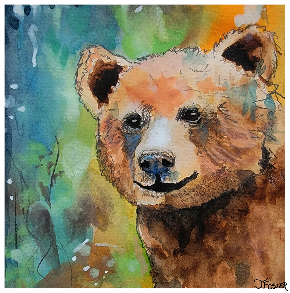 Brown bear in gouache and graphite mixed-media painting