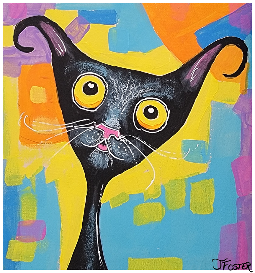 Whimsical vibrant cat 2 - acrylic and crayon