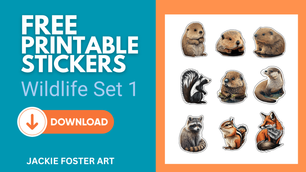 Printable sticker sheet of New England wildlife including beavers, river otter, skunk, raccoon, chipmunk, fox