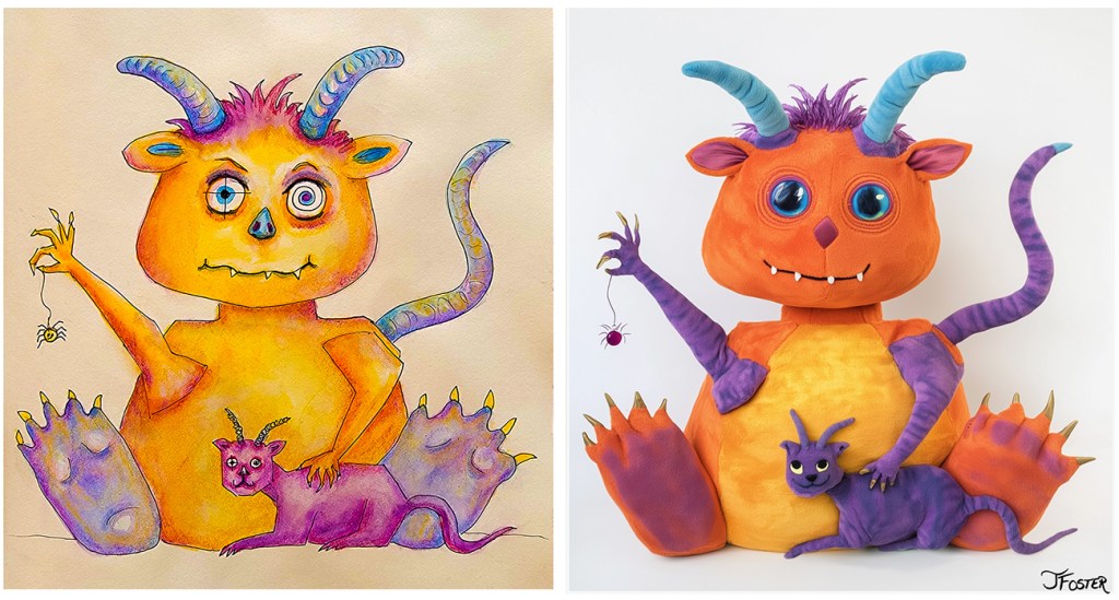 Reimagined watercolor monster painting as a stuffed animal