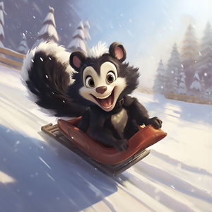 A skunk who sleds in the snow!