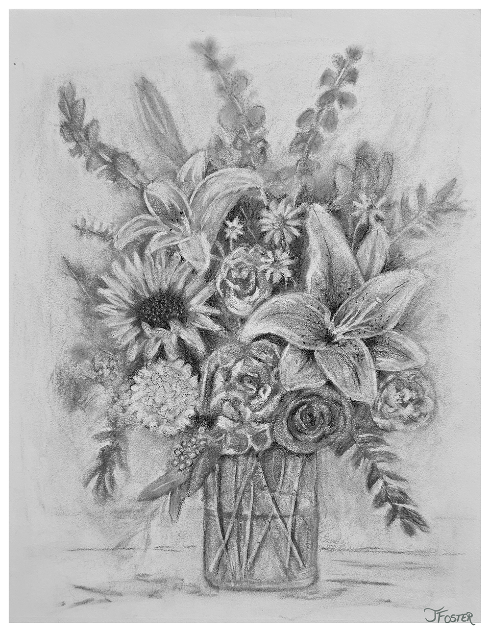 Floral bouquet charcoal drawing by Jackie Foster Art